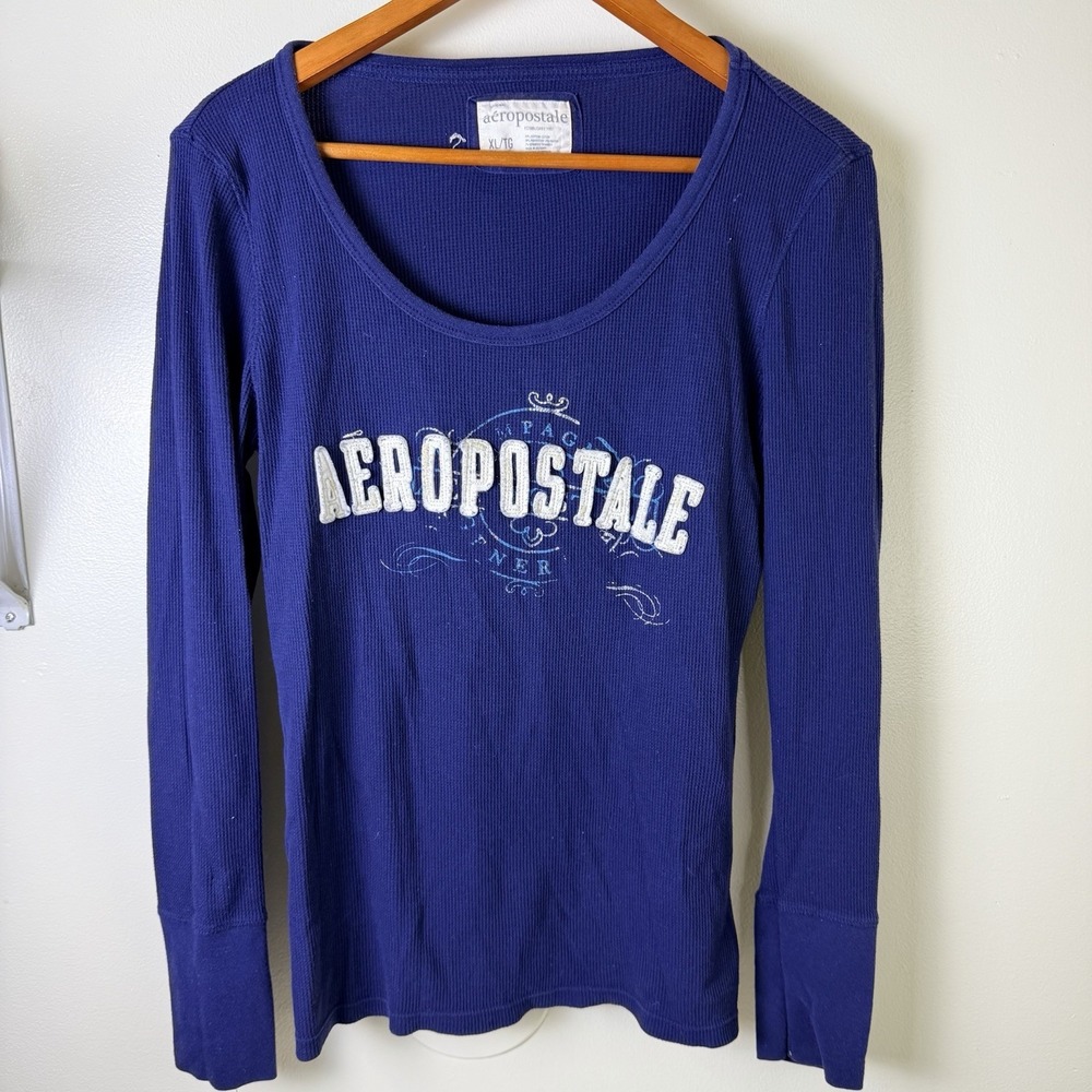 y2K Aeropostale Henley top Womens XLarge Blue Long Sleeve Ribbed 2000s Preppy